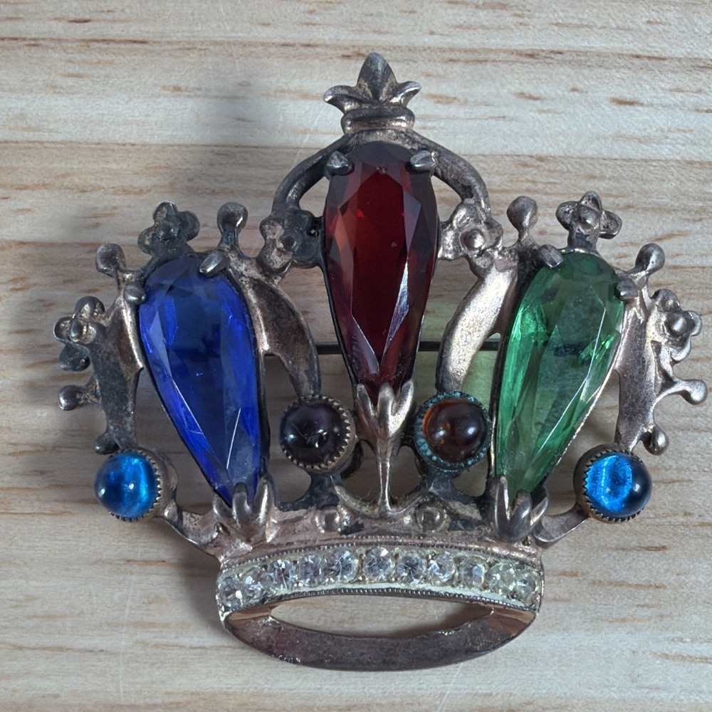 MCM STERLING GOLD WASH CROWN CORONATION RHINESTONE BROOCH PIN PENDANT
